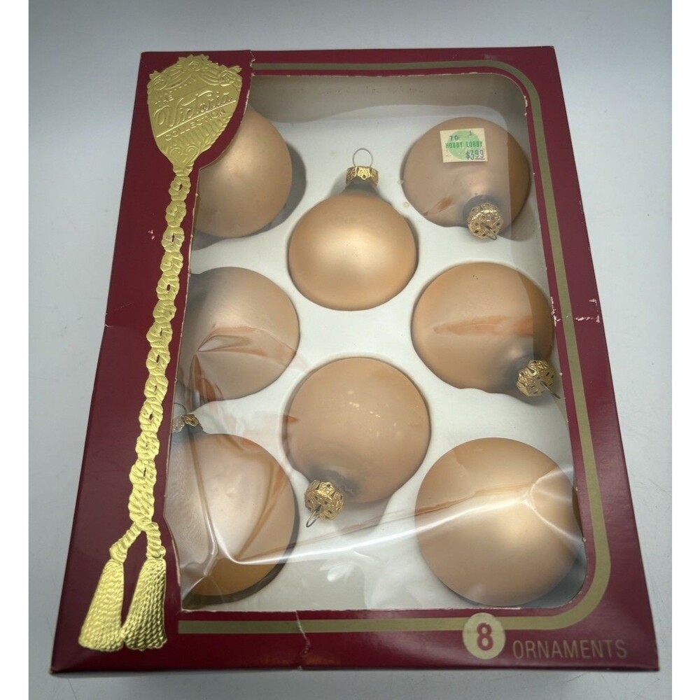 Vintage Rauch Victoria Glass Ornaments Peach Matte Set of 8 With Box Christmas